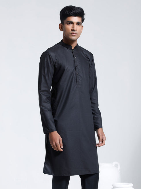 Vastramay Men's Black Cotton Silk Kurta